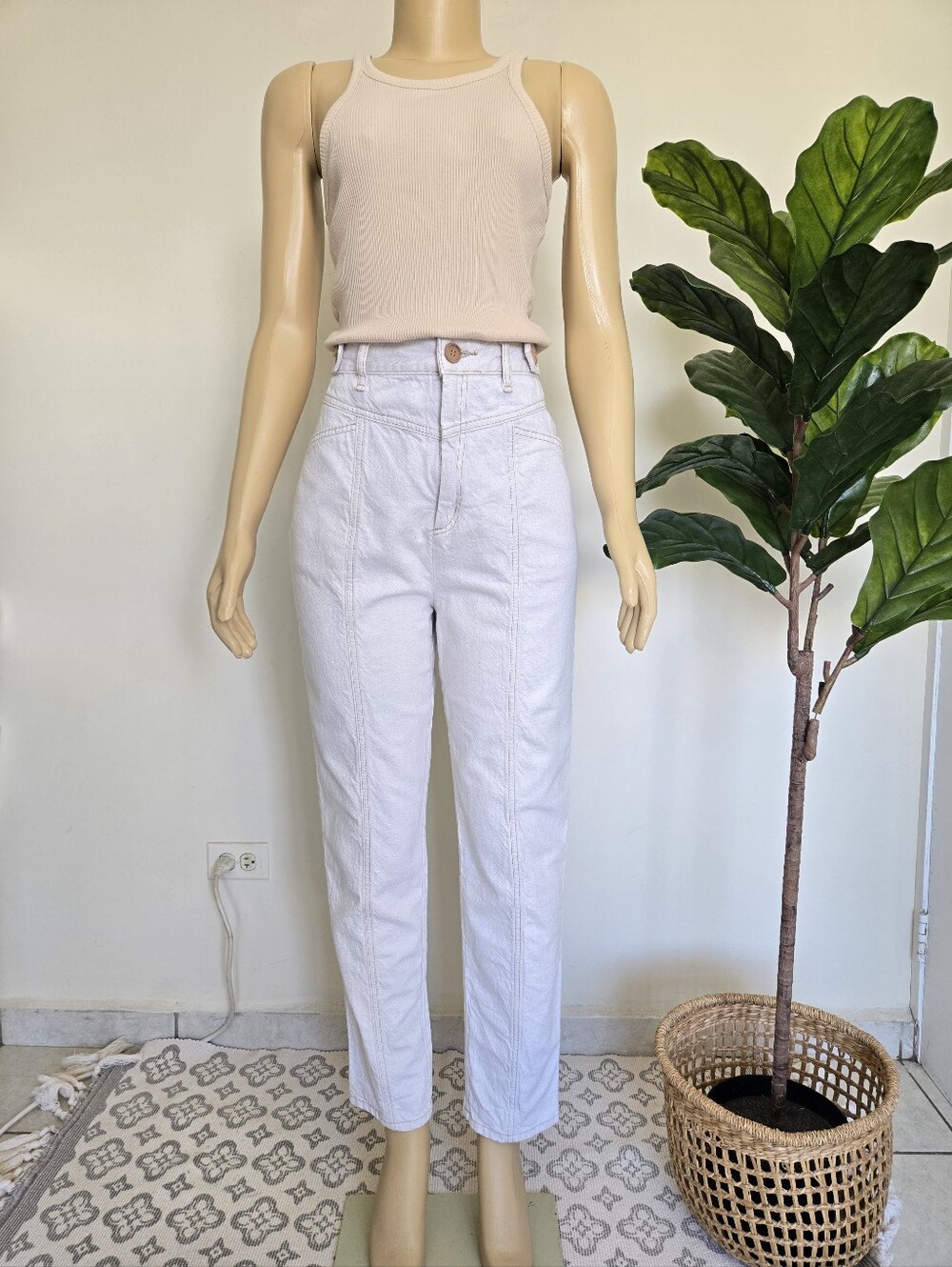 Free People City of Lights Cream Ribbed Tank Top and White High-Waist Jeans 30 - Picture 2 of 11